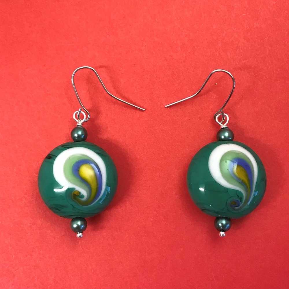 Paisley Green, White, Blue, Yellow Beaded Earrings 0248
